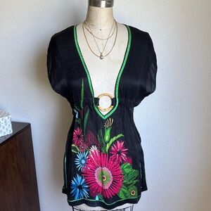 bebe 100% Silk Black Deep-V Tunic with Bright Florals